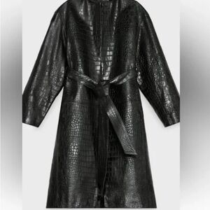 Zara Steven Meisel Real Leather Croc Embossed Black Belted Wrap Coat, BNWT XS